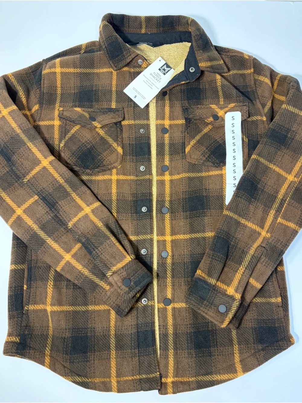 Men's Brown Plaid Sherpa-Lined Shacket with Yellow Accents